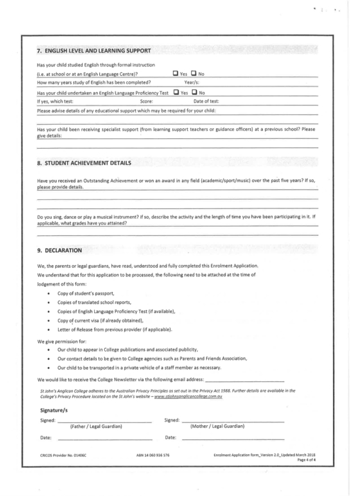 enrolment application form for international students