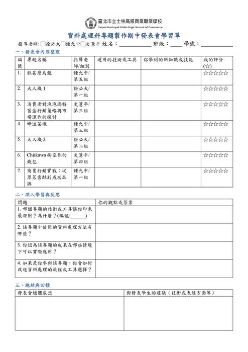 資料處理科專題製作期中發表會學習單