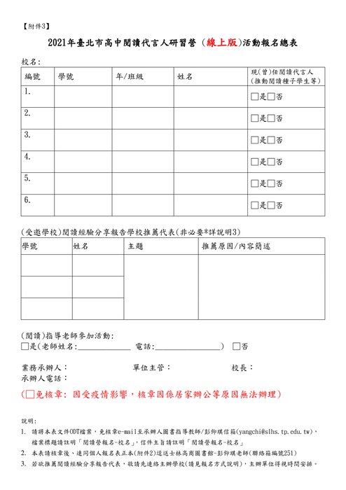 2021年臺北市高中閱讀代言人研習營 活動辦法(線上版)